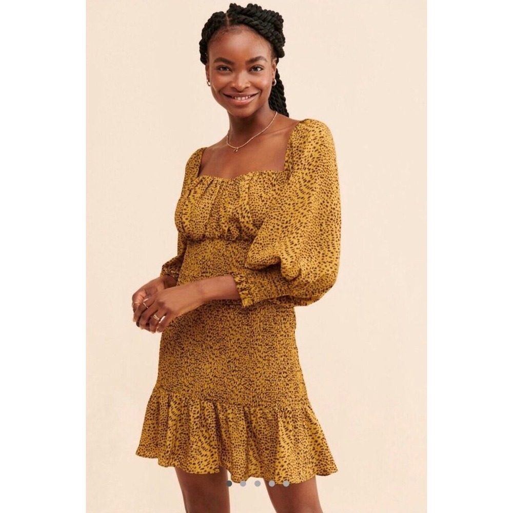 NWT ELLIATT x Free People Romance Dress Square Neckline Smocked In Tumeric Sz M